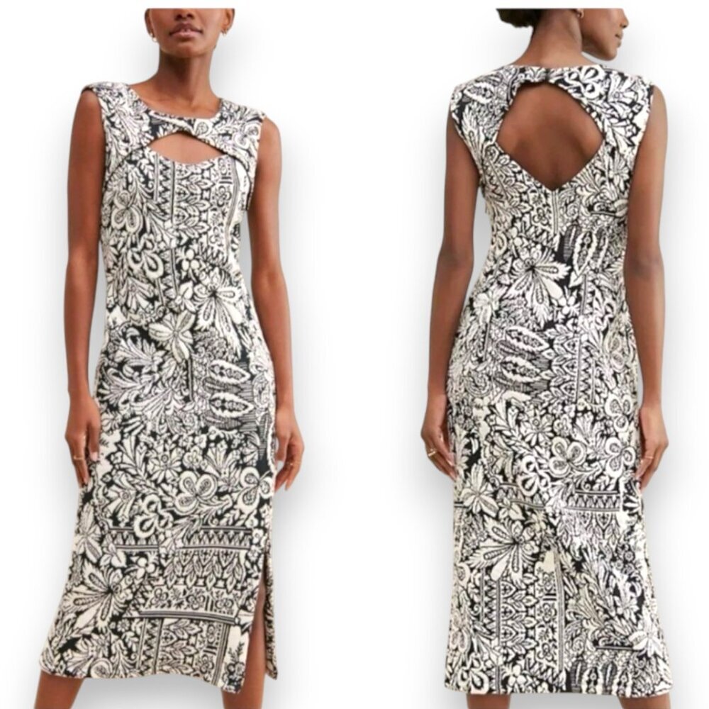 Anthropologie Jacquard Cut-Out Midi Dress Black White Floral Size Large